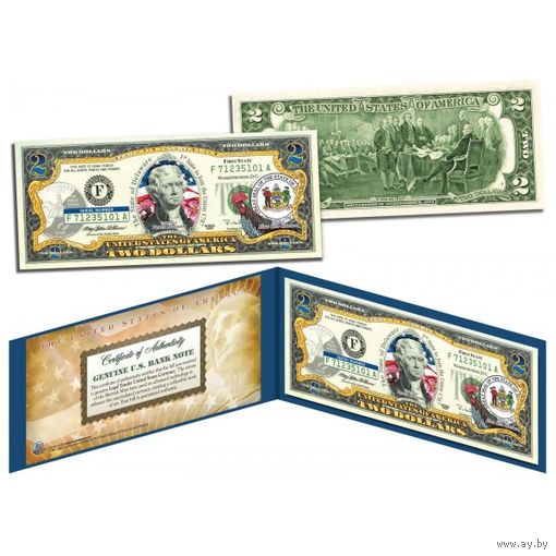 2 доллара штат DELAWARE - первый штат США (цветные в футляре с цветным сертификатом)