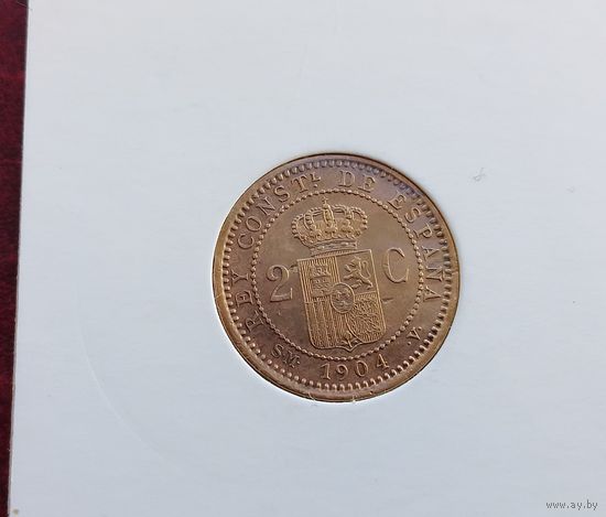 Испания 2 сентимо, 1904-1905. Монета в холдере!