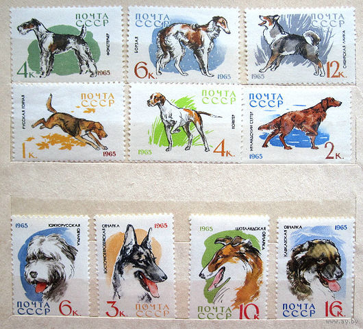 Марки собаки почта СССР 1965 г 10 марок чистые