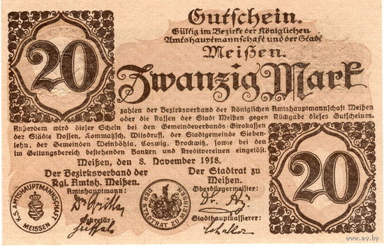 Германия, Мейсен, 20 марок, 1918 г., UNC