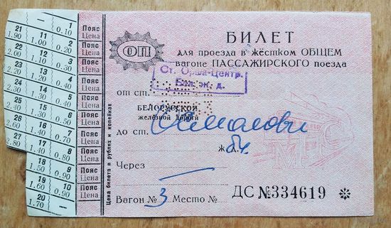 Билет на поезд. Белорусская железная дорога. 1983 г.