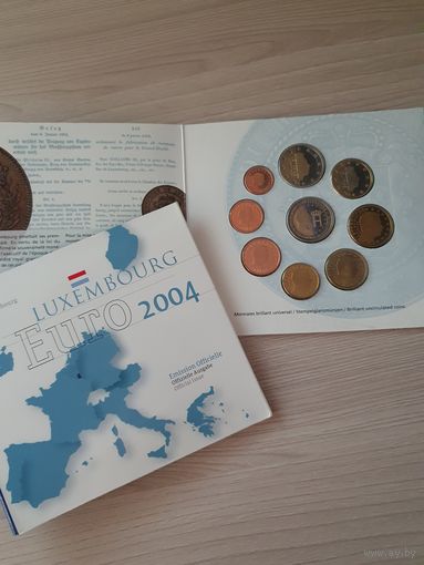 Люксембург 2004 год. 1, 2, 5, 10, 20, 50 евроцентов, 1, 2 евро и 2 евро юбилейные 2004 года . Набор монет в BU буклете.