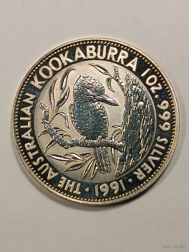 Монета 5  долларов 1991 года, Австралийская Кукабура. Серебро.