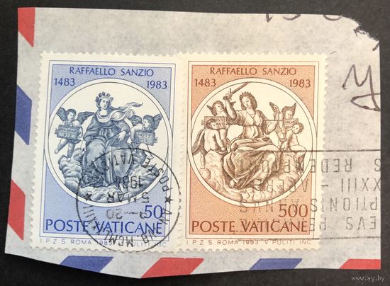 Ватикан. 1983 год. 500-летие Рафаэля. 2 Гашеные марки на вырезке, прошли почту Ватикана.