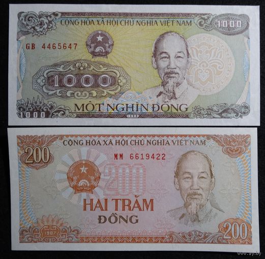 Вьетнам 200+1000 донгов 1987-89 год UNC