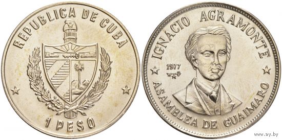Куба 1 песо 1977 Игнасио Аграмонте UNC