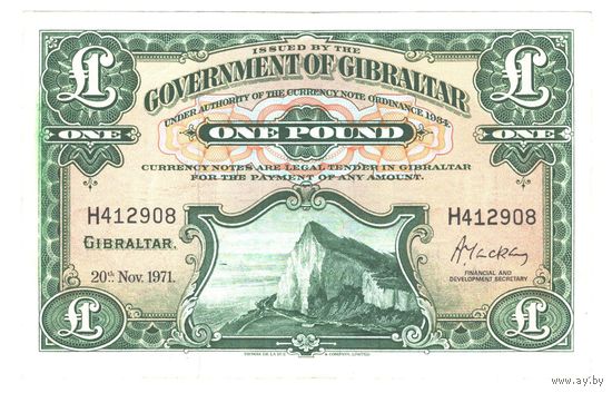 Гибралтар 1 фунт 1971 года. Тип Р 18b. Состояние XF+