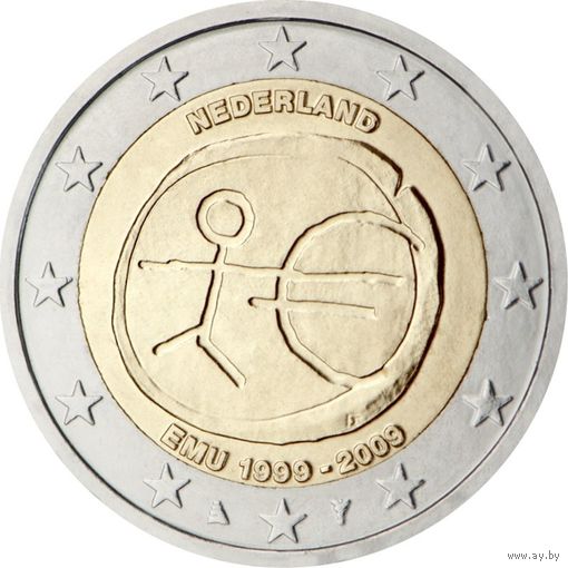 2 евро Нидерланды 2009 10 лет Экономическому и Валютному союзу UNC из ролла