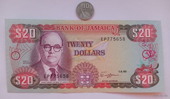Werty71 Ямайка 20 долларов 1989 аUNC банкнота
