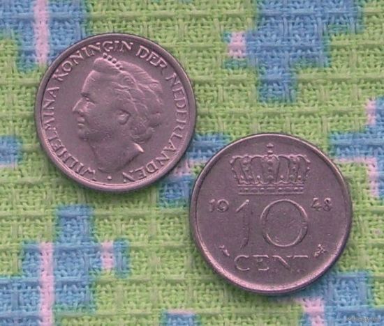 Нидерланды 10 центов 1948 года, AU. Королева Вильгельмина.