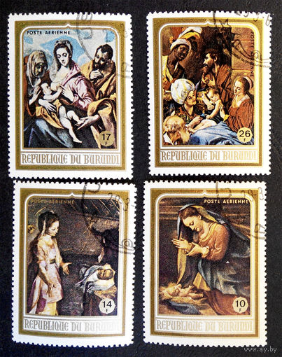 Бурунди 1968 г. Рождество. Религия. Живопись. Праздники. Авиапочта, полная серия из 4 марок #0098-И1P22