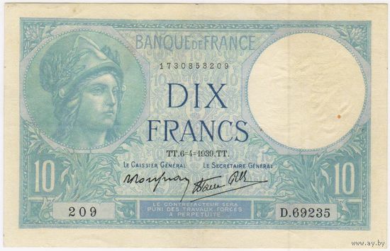 Франция 10 франков 1939 г. XF!