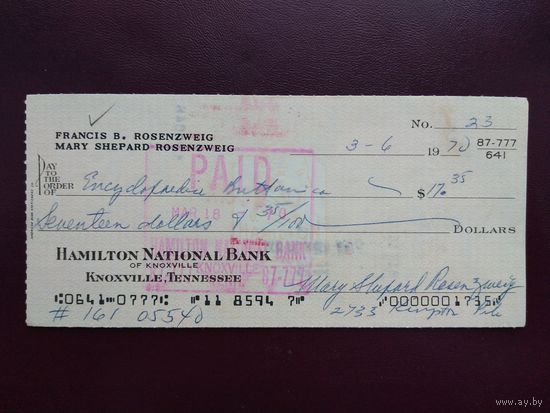 Чек США банк Hamilton National Bank Тенесси 1970
