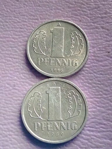 ГДР - Германия 1 пфенниг 1986 и 1989 гг. aU. Лот из 2-х монет.