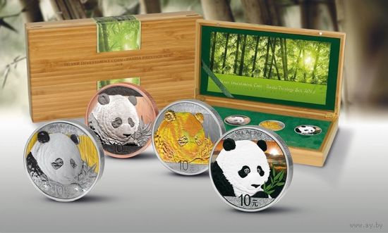 Китай 4х10 юаней 2018г: "Панда 2018 Prestige Set". Монеты в капсулах; шикарном деревянном подарочном футляре; сертификат. СЕРЕБРО 4х30гр.