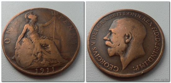 1 пенни 1911 г.в. Великобритания KM# 810 PENNY, из коллекции