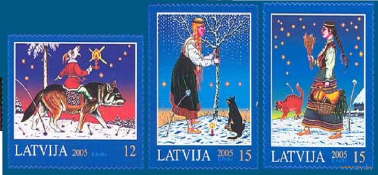 Латвия 2005, (248) Рождество. Новый год. Собака. Кот. Волк, 3 марки **