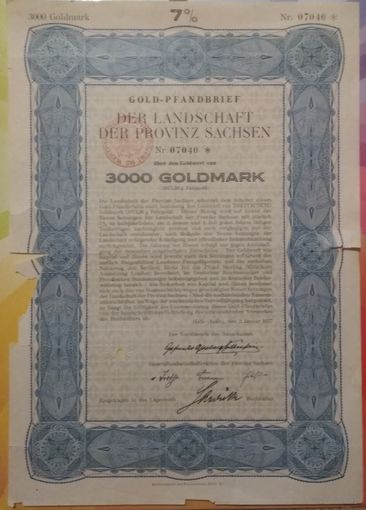 Германия облигация на 3000 марок золотом 1927г.   Провинция Саксония погашен