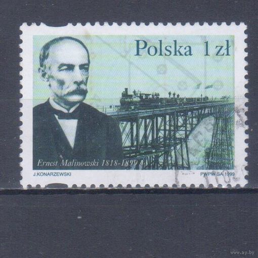 [2004] Польша 1999. Железная дорога.Паровоз.Мост. Гашеная марка.