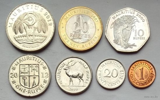 Маврикий 1, 20 центов, 1/2, 1, 5, 10, 20 рупий 1987 - 2012 г. Комплект 7 монет