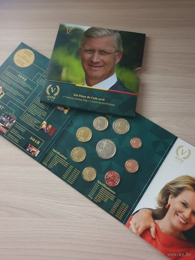 Бельгия 2018 год. 1, 2, 5, 10, 20, 50 евроцентов, 1, 2 евро. Официальный набор монет в буклете.