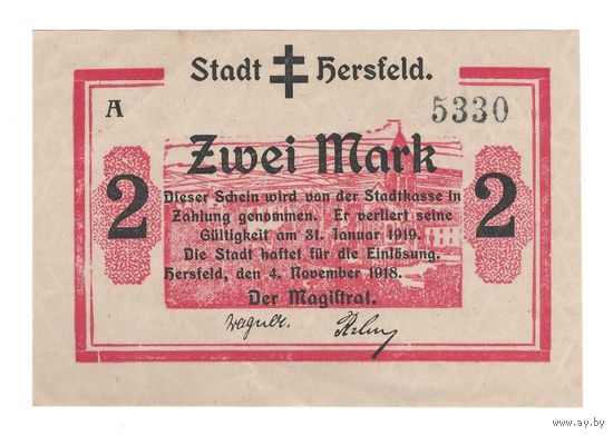 Германия Герсфельд 2 марки 1919 года. Состояние aUNC!