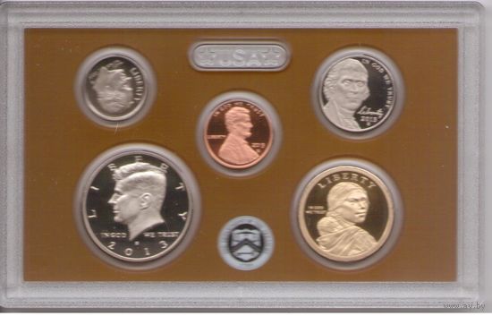 Годовой набор монет США 2013 г. с одним долларом Сакагавея "Делаверский договор 1778 года" двор S (1; 10; 25; 50 центов + 1 доллар) _Proof Set
