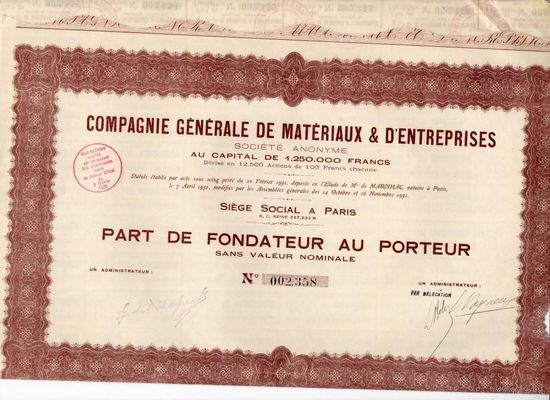 Сompagnie generale de materiaux & d'entreprises, Главная компания материалов и бизнеса, 1931 г., Париж