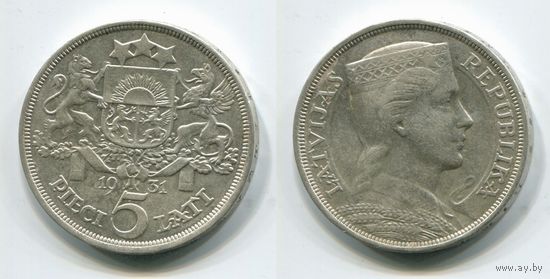 Латвия. 5 лат (1931, серебро, XF)