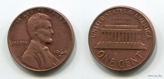 США. 1 цент (1964, буква D, XF)