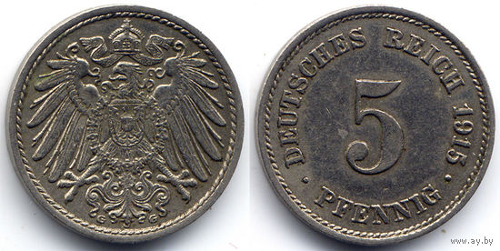 5 пфеннигов 1915 G, Германия, Карлсруэ. Редкий вариант, коллекционное состояние