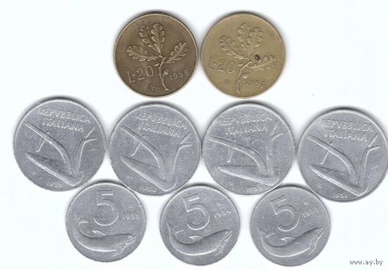 Италия 5,10,20 лир 1950-х без повторов по годам набор 9 монет