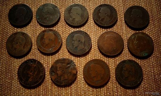 ТОРГ! Франция 19 век! 14 монет! 1854-1875! Шоколадная патина! Медь! ВОЗМОЖЕН ОБМЕН!