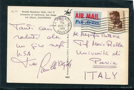 США. Почтовая карточка прошедшая почту. Кеннеди. Университет в Калифорнии. 1968