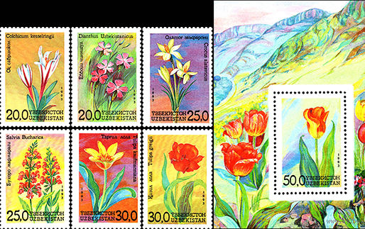 Флора Цветы Узбекистан 1993 год чистая серия из 1 блока и 6 марок