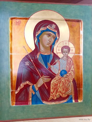 Рукописная икона "Богородица с младенцем Иисусом Христом", без киота. размер 30х25.  серебрение левкас яичная темпера золочение.