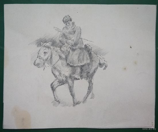 Крохалев Петр. Рисунок всадника на лошади. Бумага. карандаш. 16х20 см.