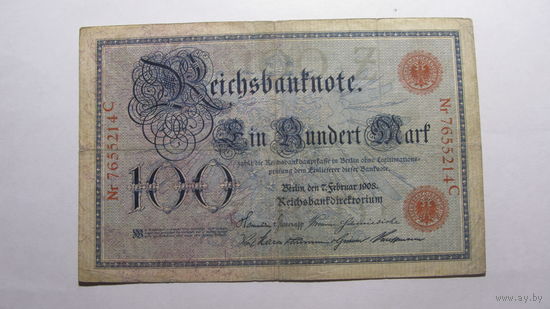 Германия Ro33а . 100 марок 1908 г. РЕДКОСТЬ  ( Длина цифр в номере 24 мм. Т.е. более сжатый . Номер и серия- красный цвет )