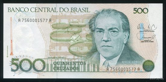 Бразилия 500 крузадо 1988 г. P212d. Серия A7560. UNC