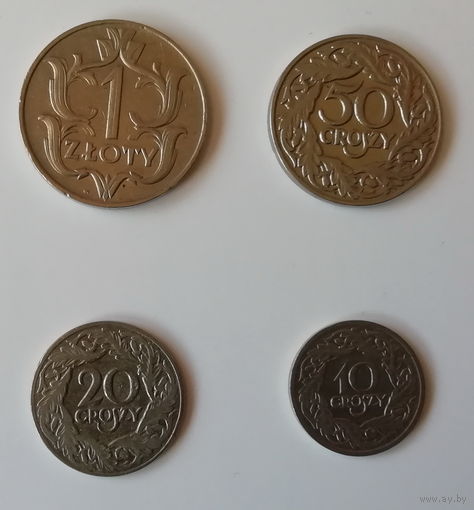 Комплект никелевых монет Польши. 1 злотый 1929 г. 50, 20, 10 грошей 1923 г.
