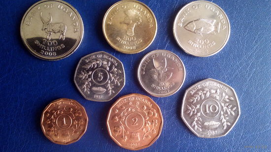 Уганда. набор 8 монет 1,2,5,10,50,100,200,500 шиллингов  1987-2008 год