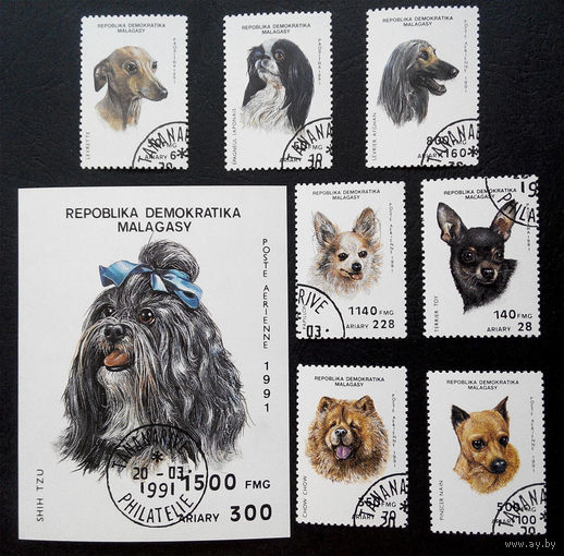 Мадагаскар 1991 г. Собаки. Фауна, полная серия из 7 марок + Блок #0166-Ф1