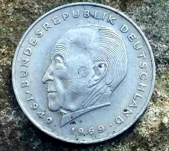 2 марки 1969 года * Германия * Конрад Аденауэр * двор G * 20 лет Федеративной Республике 1949-1969