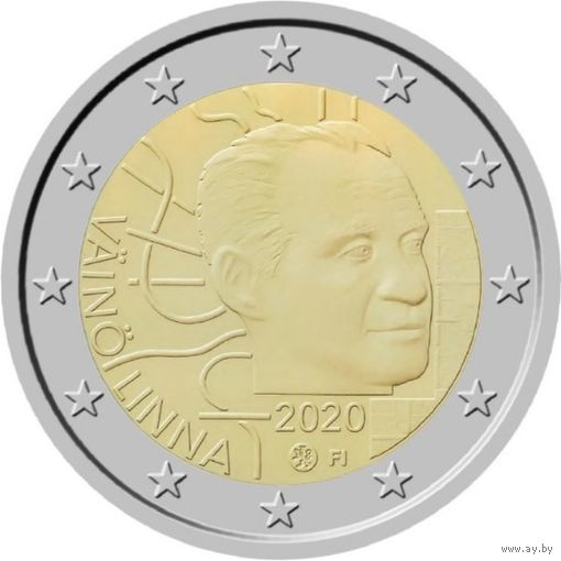 2 Евро  2020 Финляндия 100 лет со дня рождения Вяйнё Линна UNC из ролла