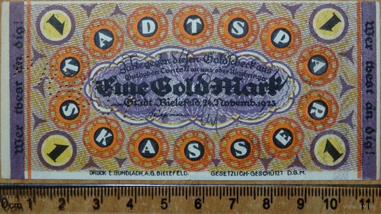 1 Золотая марка = 10/42 Доллара 1923г. Билефельд Германия -RARE-