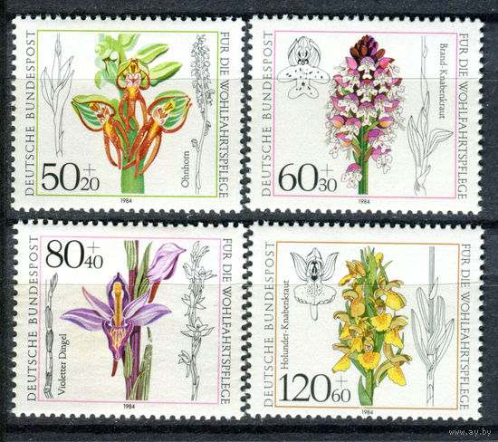 Германия (ФРГ) - 1984г. - Орхидеи - полная серия, MNH, две марки с отпечатками, одна с повреждением клея [Mi 1225-1228] - 4 марки