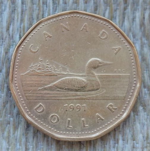 Канада 1 доллар 1991 года, AU. Утка. Королева Елизавета II.