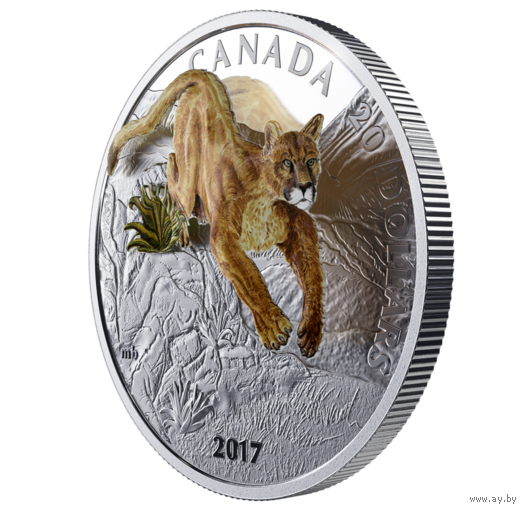 Канада 20 долларов 2017г. "3D Кугуар". Монета в капсуле; подарочном футляре; номерной сертификат; коробка. СЕРЕБРО 31,39гр.(1 oz).