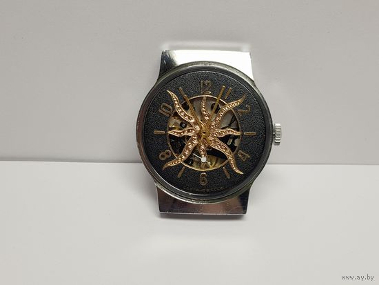 Часы ЗИМ скелетон Солнце,ручная гравировка,позолоченный ободок