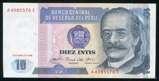 Перу 10 инти 1985 г. P128(1). Серия A. UNC